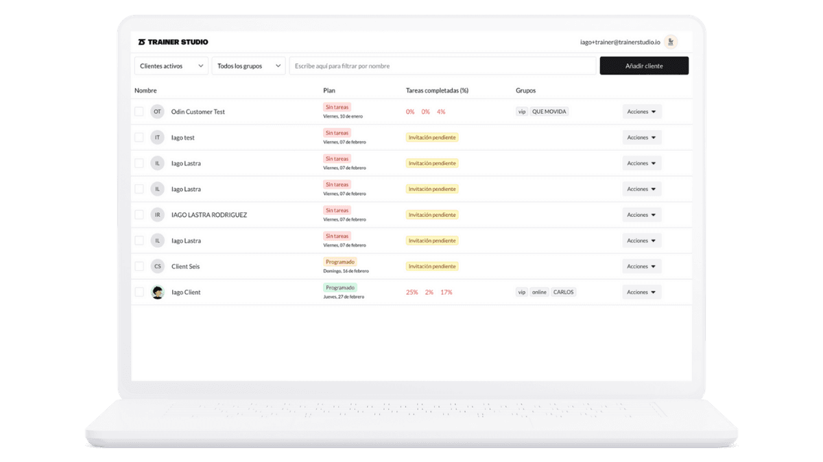 Plataforma de entrenamiento online TRAINERSTUDIO - panel de control